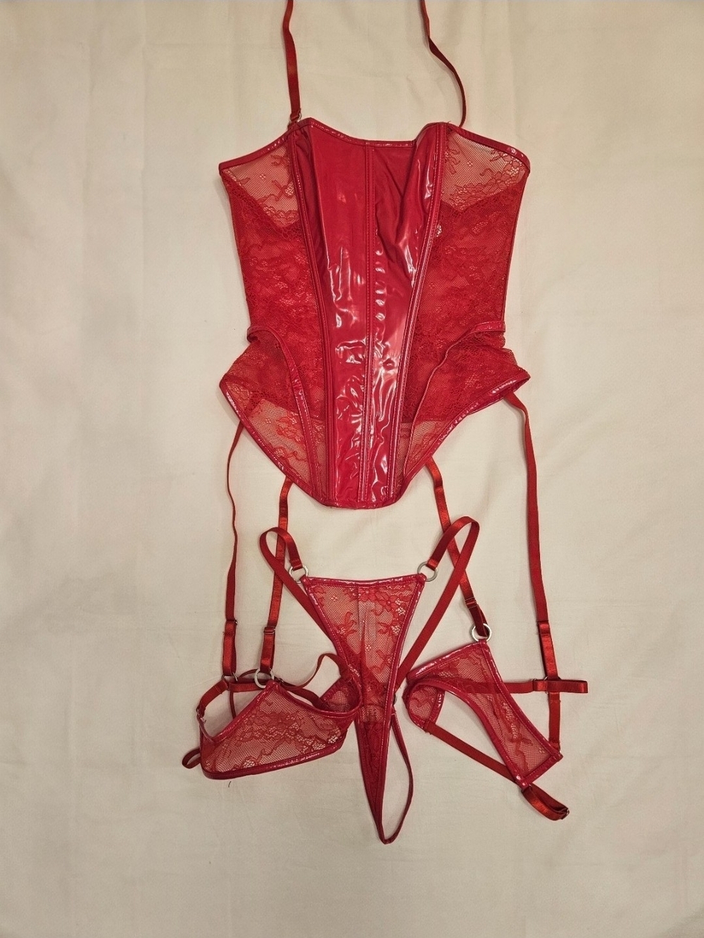 Red Lace and Vinyl Corset Set